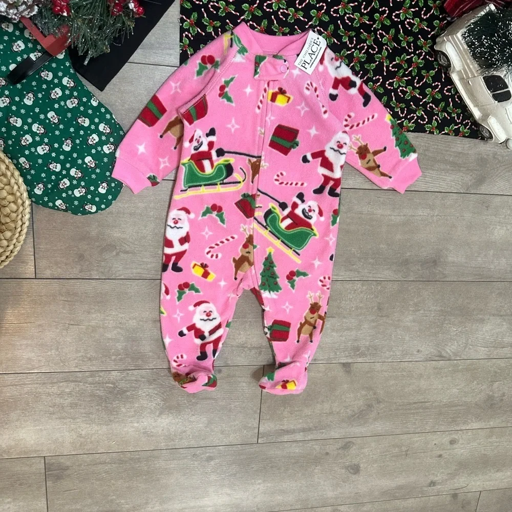New Children Place Baby Girl Christmas Sleeper Pajamas Santa Fleece Footie 3-6M